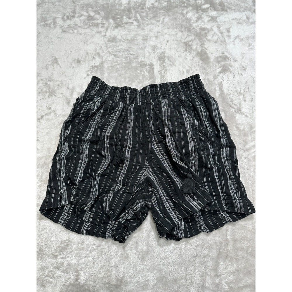 Briggs Womens Shorts Size M Black White Striped Linen Blend Smocked Waist Tassel